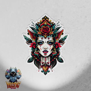 Neo Traditional Woman With Flowers Symmetrical