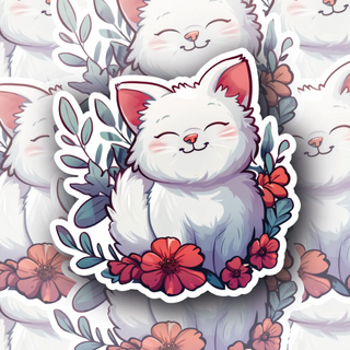 Cute White Puppy in Flowers premium vinyl decal